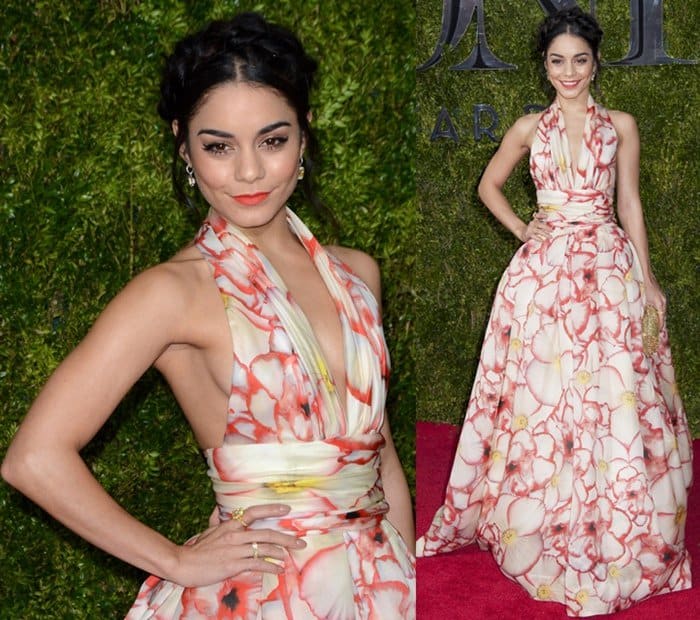 Vanessa Hudgens' outfit was styled with a gold Rodo clutch and Norman Silverman Diamonds at the American Theatre Wing's 69th Annual Tony Awards