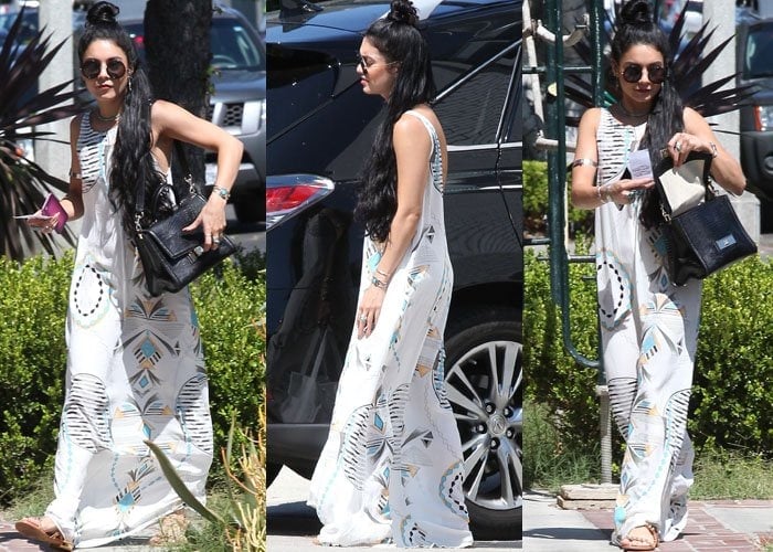 Vanessa Hudgens embraces effortless boho style in a flowing geometric-print maxi dress, paired with round sunglasses, a black handbag, and Vince Camuto "Hopper" flats