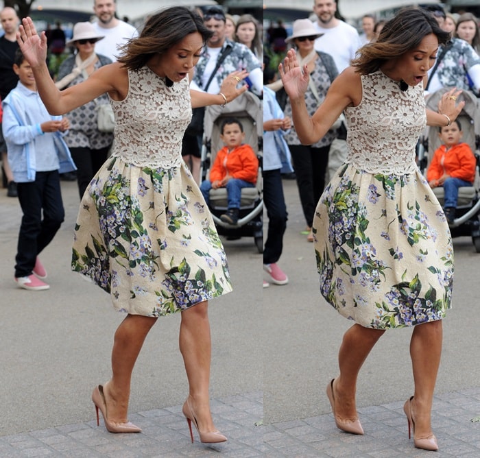 Myleene Klass almost taking a spill while promoting "BBQ Champ"