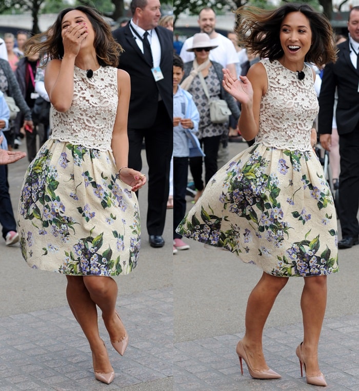 Myleene Klass flaunted her sexy legs in a  floral-print circle skirt