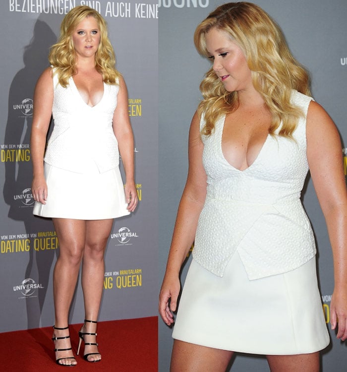 Amy Schumer revealing cleavage in a plunging white outfit at the photocall for "Dating Queen'" (Trainwreck)