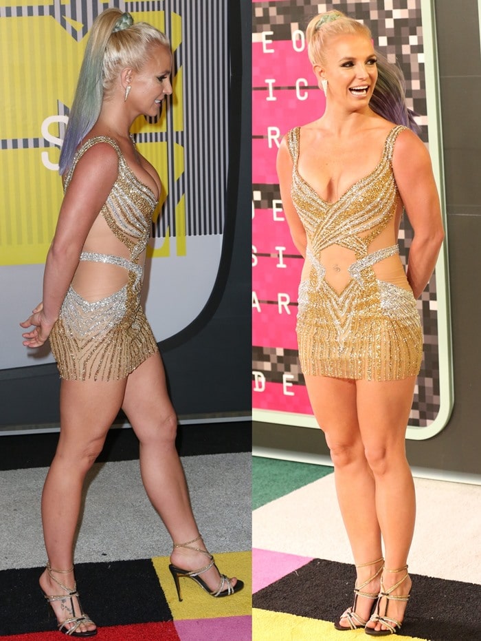 Britney Spears flashing her waistline and cleavage in a skin-tight sequin mini dress