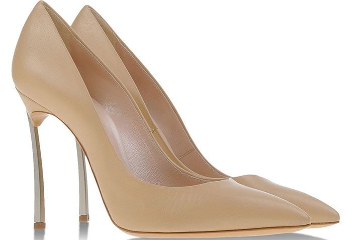 Beige, slip-on Blade heel leather pumps from Casadei featuring a pointed toe, high stiletto heel, branded leather insole, and leather sole