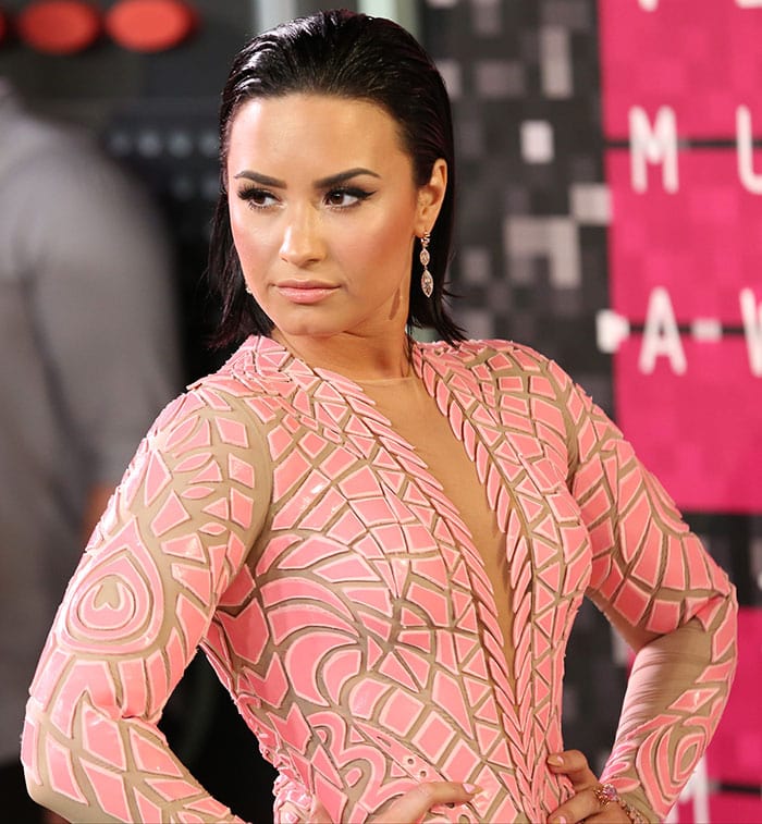 Demi Lovato looked fierce and seductive, thanks to her slicked-back raven hairstyle and gorgeous makeup with smoky eyeshadow, winged eyeliner, bronzed blush, and pale pink lip gloss