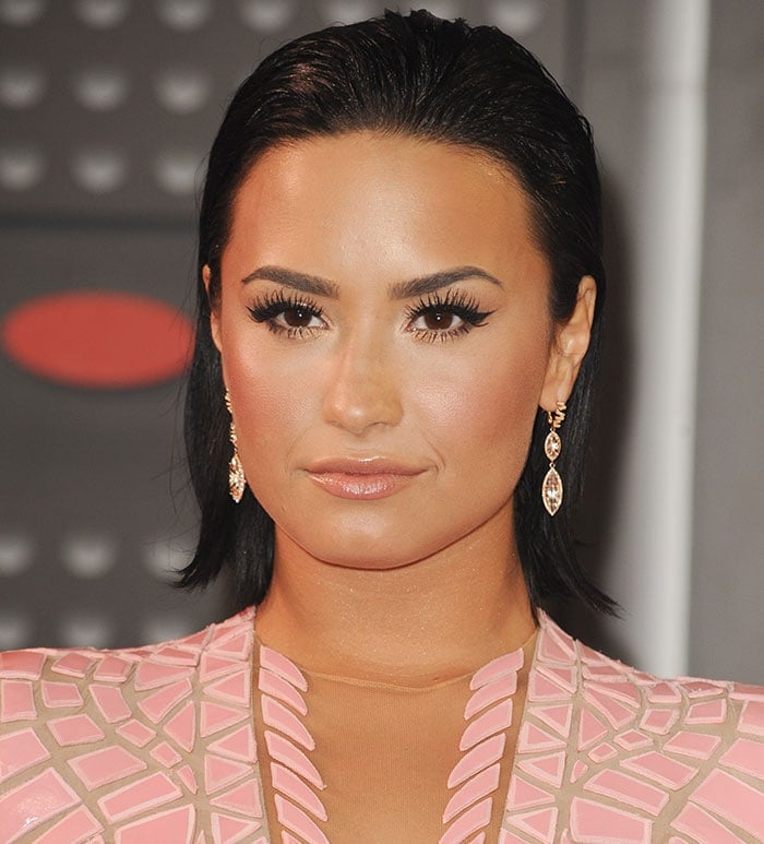 Demi Lovato in a Nicolas Jebran dress at the 2015 MTV Video Music Awards (VMAs) at the Microsoft Theater in Los Angeles on August 30, 2015