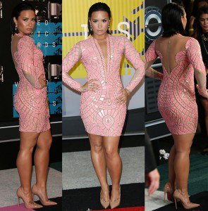 Body-Confident Demi Lovato in Pink Form-Fitting Nicolas Jebran Mini Dress