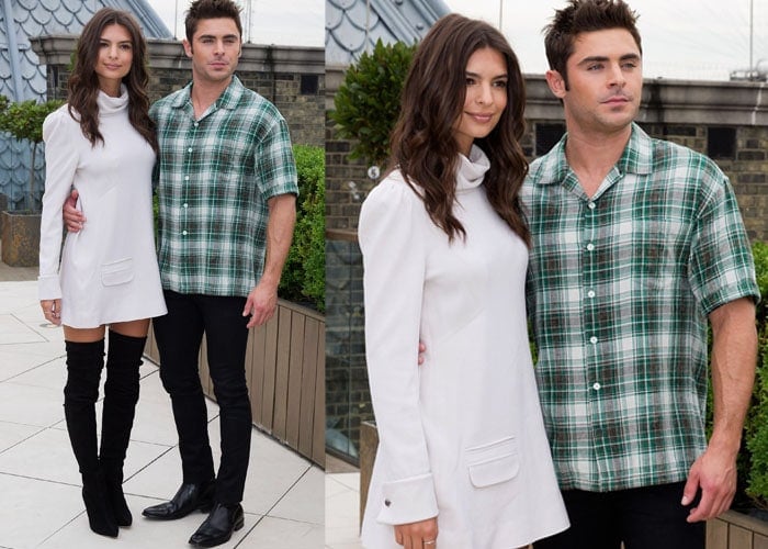 Emily Ratajkowski and Zac Efron pose together at a photo call for their upcoming movie "We Are Your Friends"