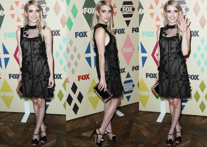 Emma Roberts flaunts the black Vera Wang dress she chose to wear to the Soho House event