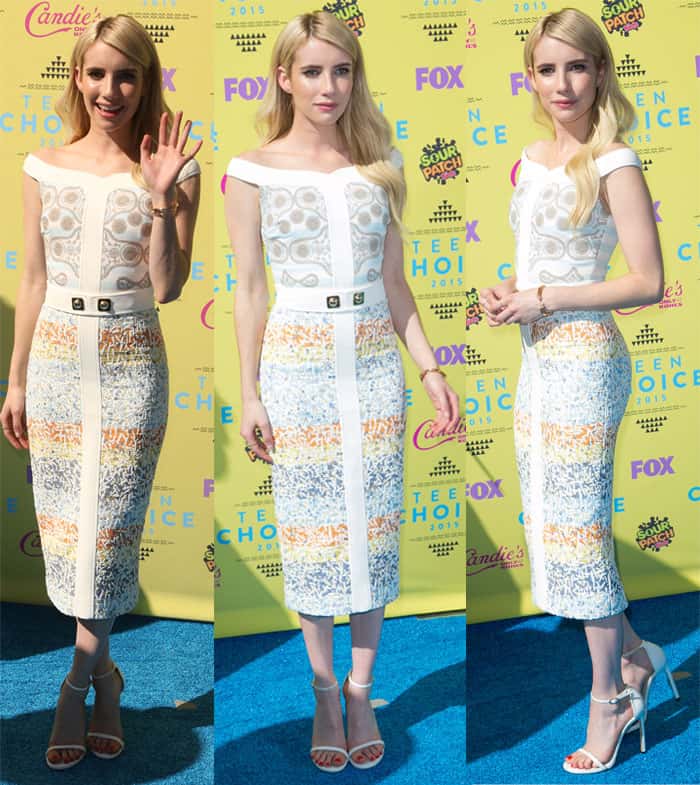 Emma Roberts looked picture-perfect in an off-the-shoulder Peter Pilotto dress paired with subtle Stuart Weitzman sandals and flowing mermaid-like hair