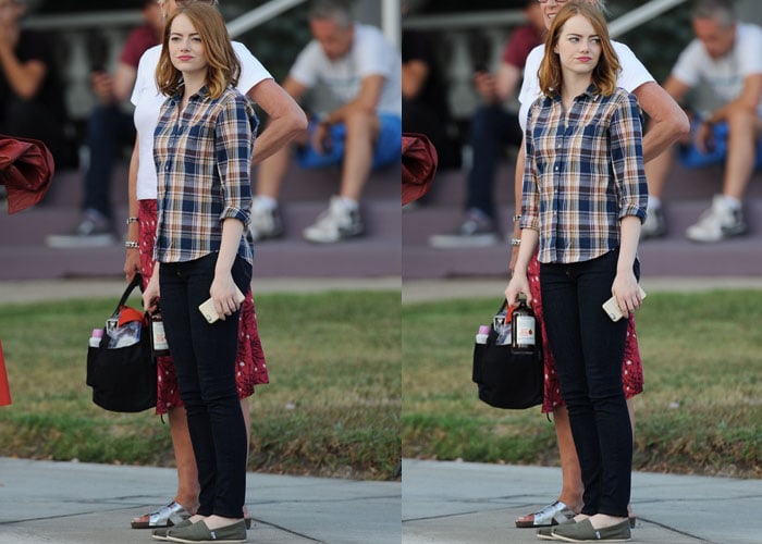 Emma Stone wears TOMS with a plaid shirt