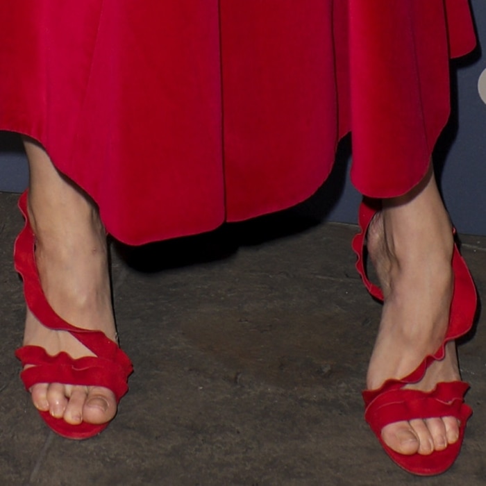 Gemma Arterton's sexy feet in Aquazzura ruffled suede sandals