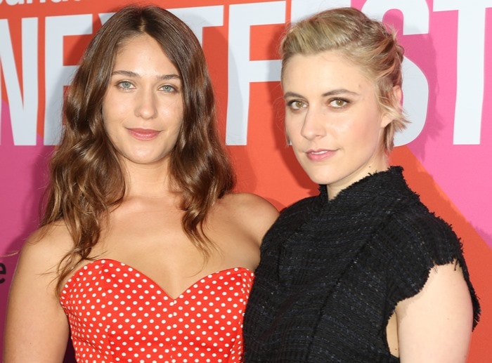 Greta Gerwig posing with her co-star Lola Kirke