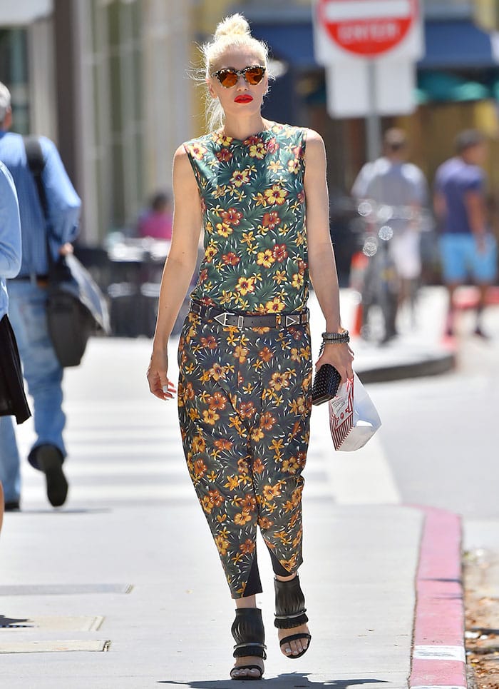 Gwen Stefani steps out in a pair of floral-printed, harem-style pants and a coordinating sleeveless top