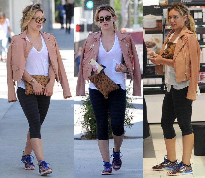 Hilary Duff wears a leather biker jacket shopping at Cartier before heading to Sephora with a friend to purchase make-up accessories