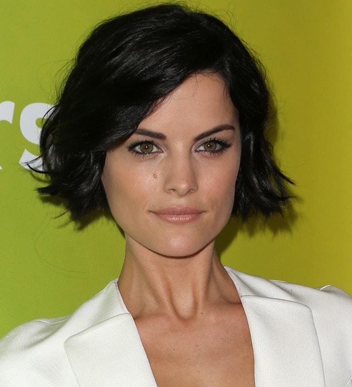 Jaimie Alexander keeps her look effortlessly chic with subtle makeup, minimal jewelry, and a piece-y black bob that perfectly frames her face