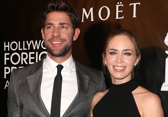 Emily Blunt and husband John Krasinski smile from the red carpet in matching monochrome looks