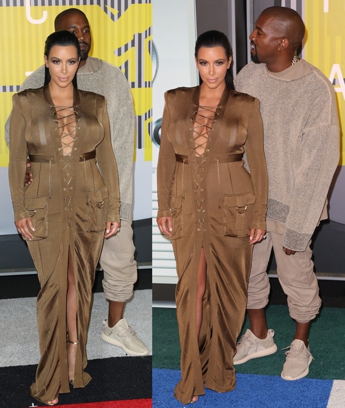 Kim Kardashian completed the ensemble with gold ankle-strap sandals