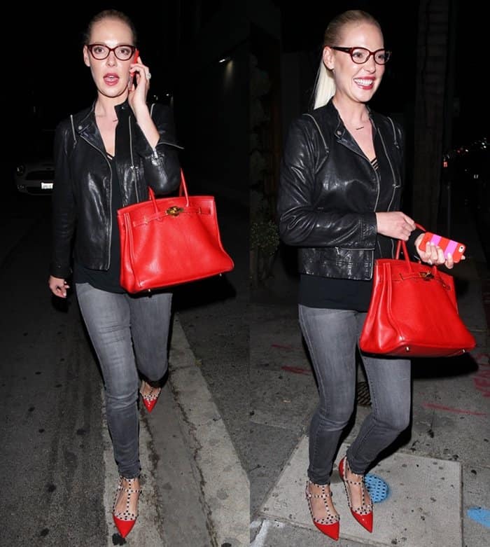 Katherine Heigl steps out in studded red Valentino Rockstud heels, skinny jeans, and a leather jacket, accessorized with her bold red Hermès Birkin, after watching husband Josh Kelley perform at Hotel Cafe in Los Angeles on August 24, 2015
