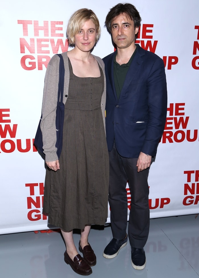 Greta Gerwig and Noah Baumbach pose at the opening night after-party for The New Group Theater's new play "Peace For Mary Frances"