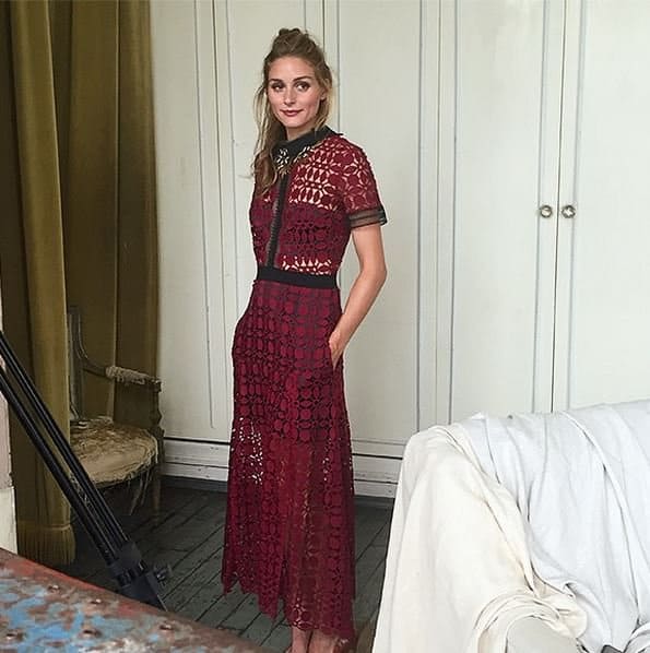 Self-Portrait posted a photo of the fashion-forward socialite Olivia Palermo wearing the same dress, paired with pumps of a similar color and a beehive half ponytail