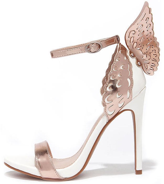 "Ooh You're an Angel" White-and-Rose-Gold Winged Ankle-Strap Heels