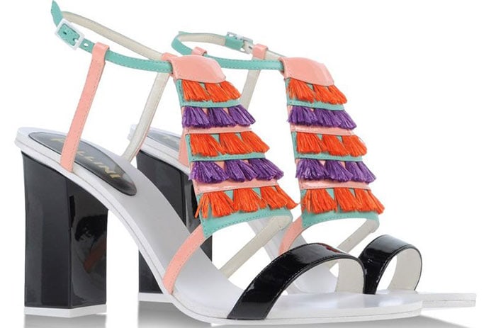 Pollini Leather and Tassel Fringe Block-Heel Sandals