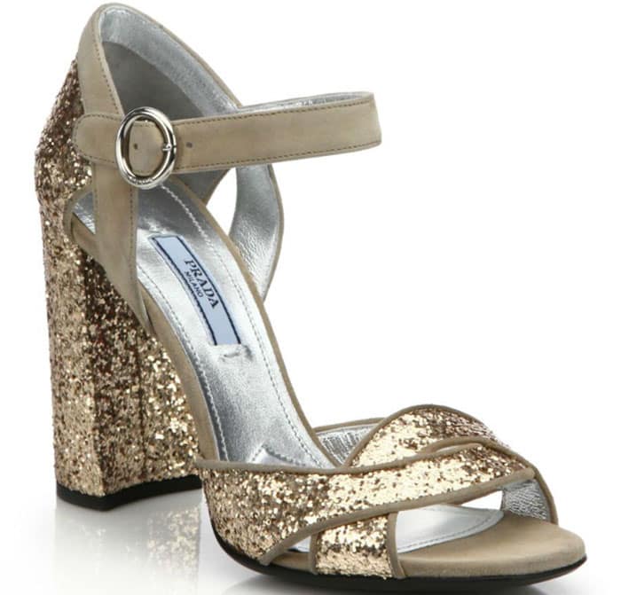 Prada Suede & Glitter Ankle-Strap Sandals Gold