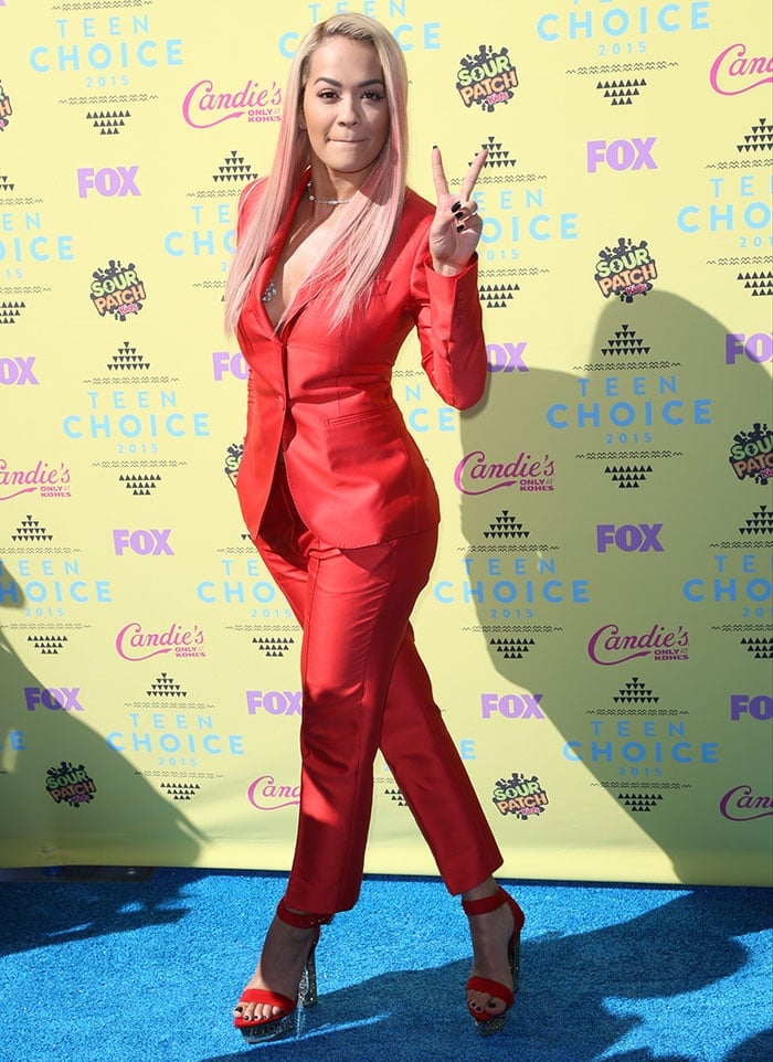 Rita Ora in a red-hot Max Mara trouser suit