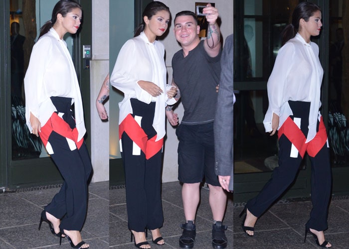 Selena Gomez leaves her New York hotel on the evening of Aug. 19, 2015, in patterned pants and a button-down