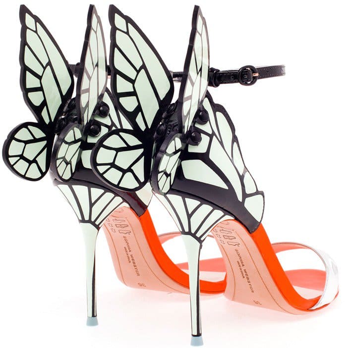 Sophia Webster's glossy neon sandals with vinyl butterfly wings