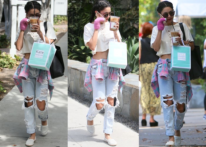 Vanessa Hudgens sports a braided hairstyle and juggles iced coffee and a Kate Sommerville bag