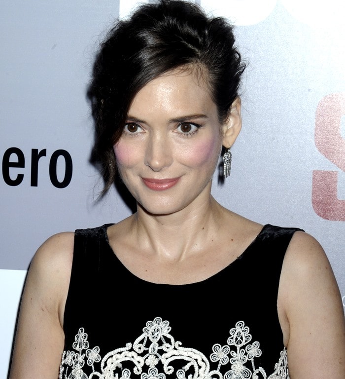 Winona Ryder's dress featuring ivory thread-work scroll embroidery