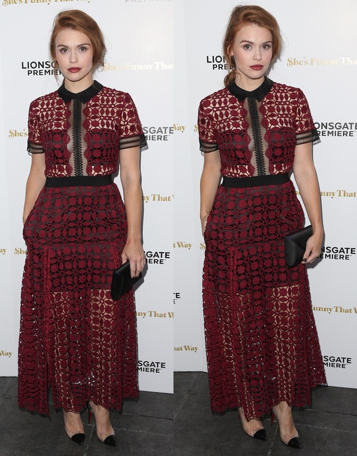 Holland Roden matches her lipstick to her intricate burgundy dress from Self Portrait at the premiere of She's Funny That Way