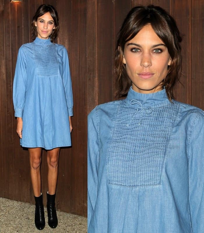 Alexa Chung embraces retro charm in a denim mini dress paired with ankle boots, attending the AG Collection Launch Party in Los Angeles