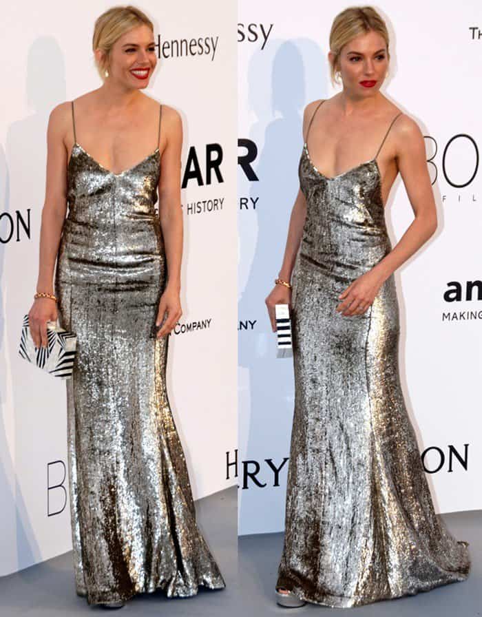 Sienna Miller dazzles in a shimmering silver slip dress at the amfAR Cinema Against AIDS Gala during the Cannes Film Festival