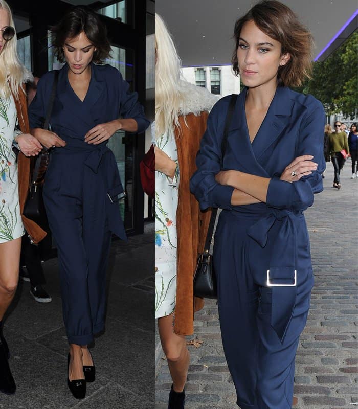 Alexa Chung arrives at the Topshop Unique show during London Fashion Week SS16