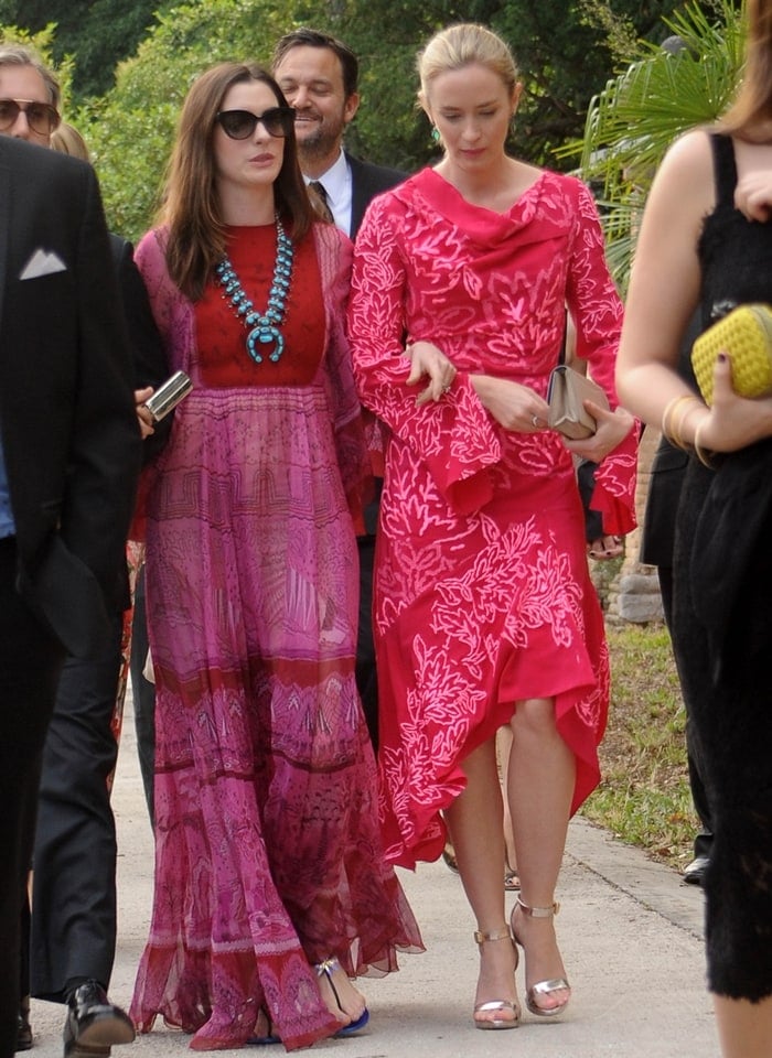 Anne Hathaway and Emily Blunt arrive for the wedding of Jessica Chastain and Gian Luca Passi de Preposulo