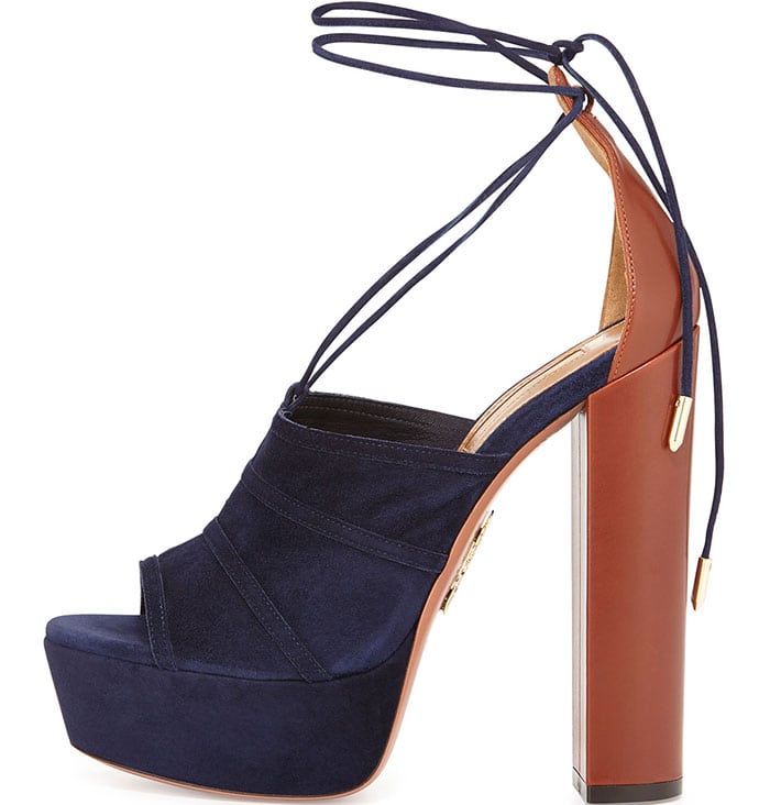 Aquazzura "Very Eugenie" Leather-Heel Suede Ankle-Tie Platform Sandals in Ink/Luggage