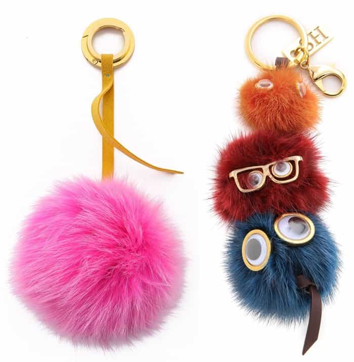 Mischa Lampert Pom Bag Charm in Magenta and Sophie Hulme Jones Pom Pom Keychain