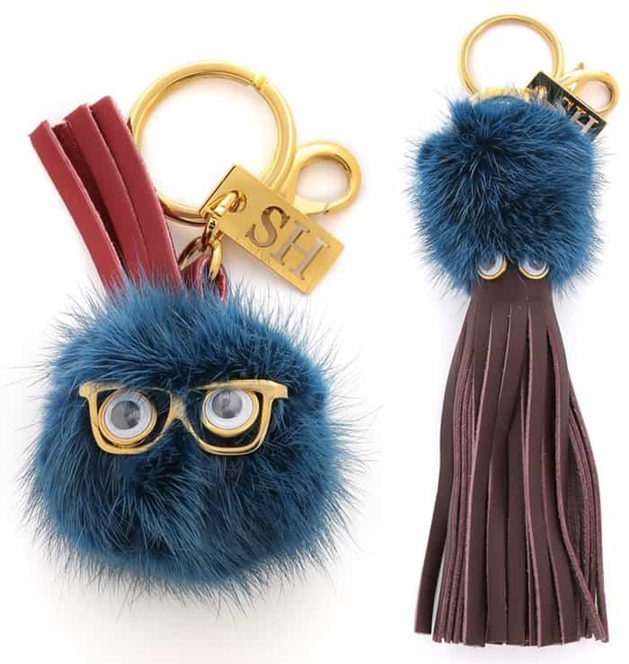 Sophie Hulme Mick Pom Pom Bag Charm and Sophie Hulme Mrs. Jones Bag Charm in Oxblood