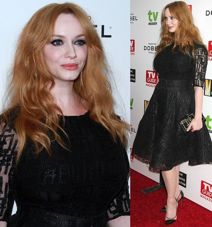 Christina Hendricks poses on the red carpet in a black dress from Christian Siriano