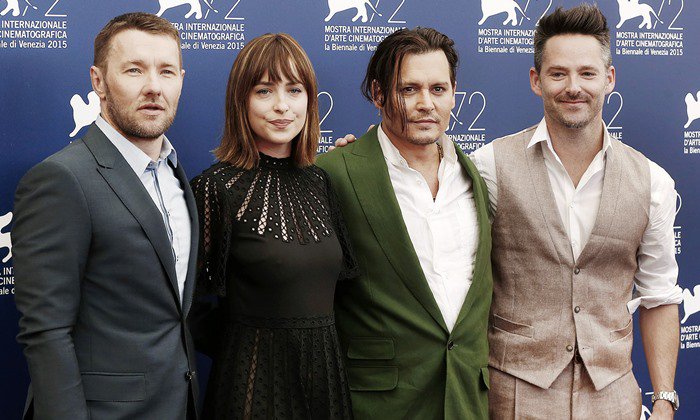 Joel Edgerton, Dakota Johnson, Johnny Depp, and Scott Cooper at a photo call for their upcoming film Black Mass