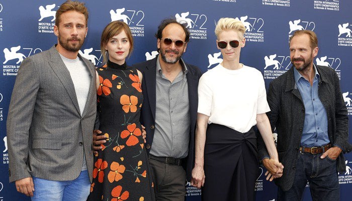Matthias Schoenaerts, Dakota Johnson, Luca Guadagnino, Tilda Swinton and Ralph Fiennes pose at the 2015 Venice Film Festival photocall for "A Bigger Splash"