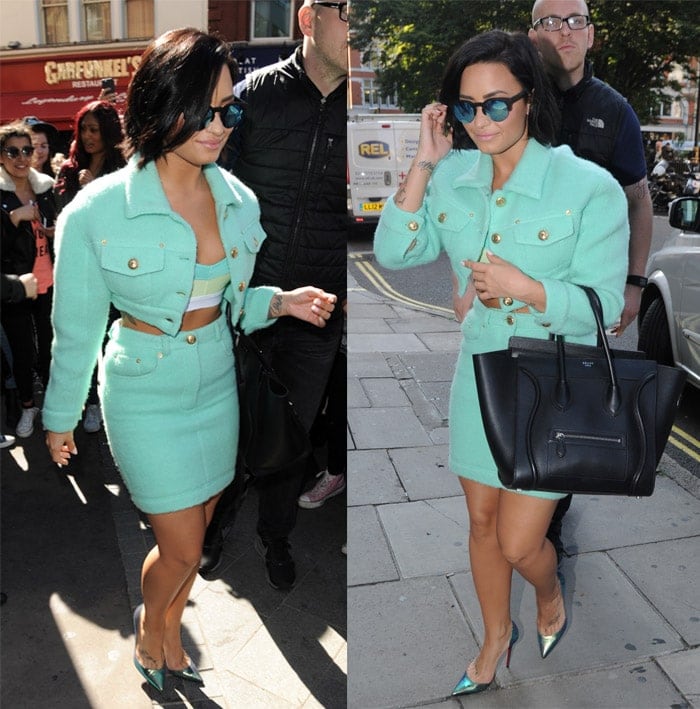 Demi Lovato dazzles in a Moschino twin set at Kiss FM Radio studios, London, September 10, 2015 – a blend of high fashion and bold style