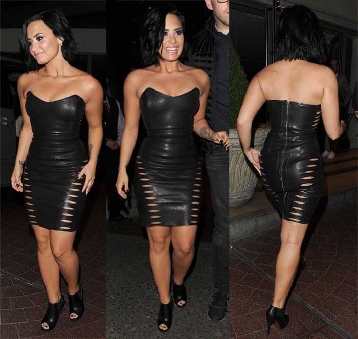 Demi Lovato made a stylish statement in a chic House of CB 'Riko' strapless dress paired with Christian Louboutin's Bootstagram peep-toe booties