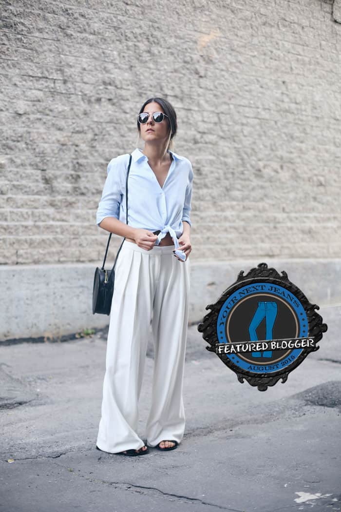 Elif shows how to wear palazzo pants with a button-down shirt tied at the waist