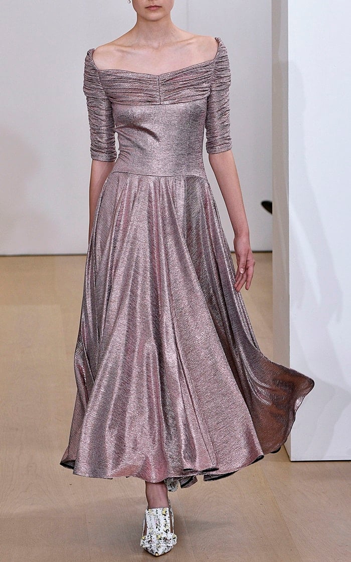 Emilia Wickstead's 'Nicoletta' metallic dress has a ruched top, fitted bodice, off-the-shoulder sleeves and long skirt