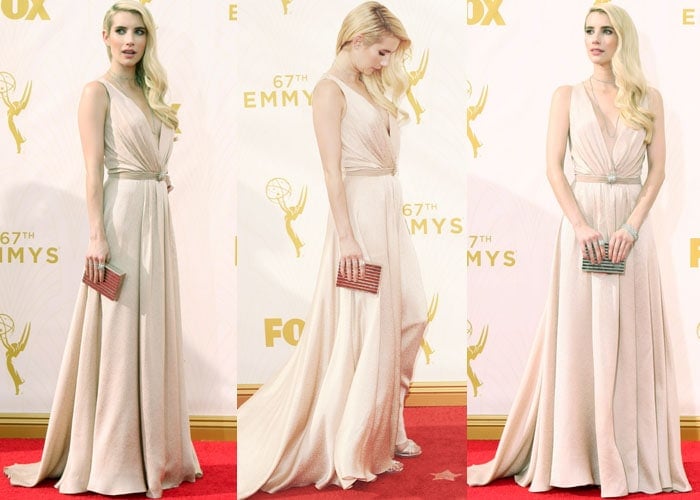 Emma Roberts wears a blush Jenny Packham gown on the red carpet of the Emmys