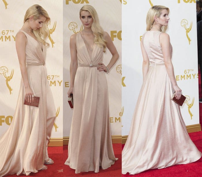 Emma Roberts in a custom Jenny Packham gown at the 67th Annual Primetime Emmy Awards
