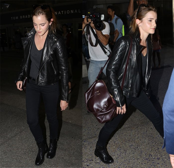 Emma Watson styles her leather jacket with AG the Sateen leggings and Saint Laurent Patti boots